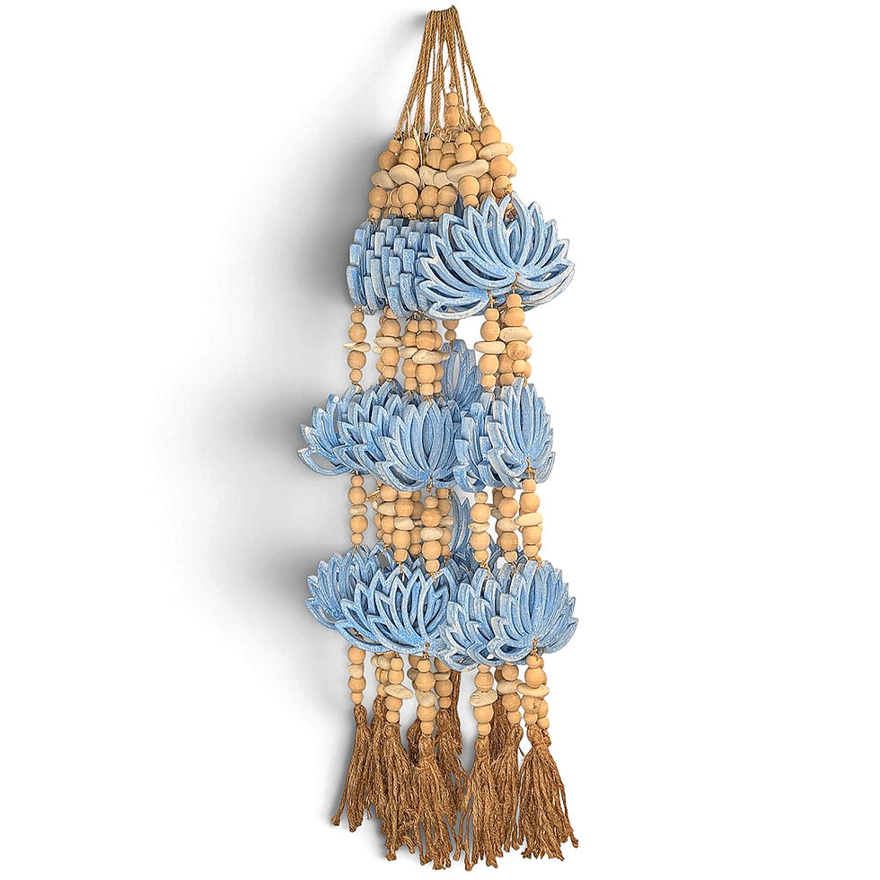 Three-tiered decorative accent piece balancing blue lotus flower details with natural wood beads.