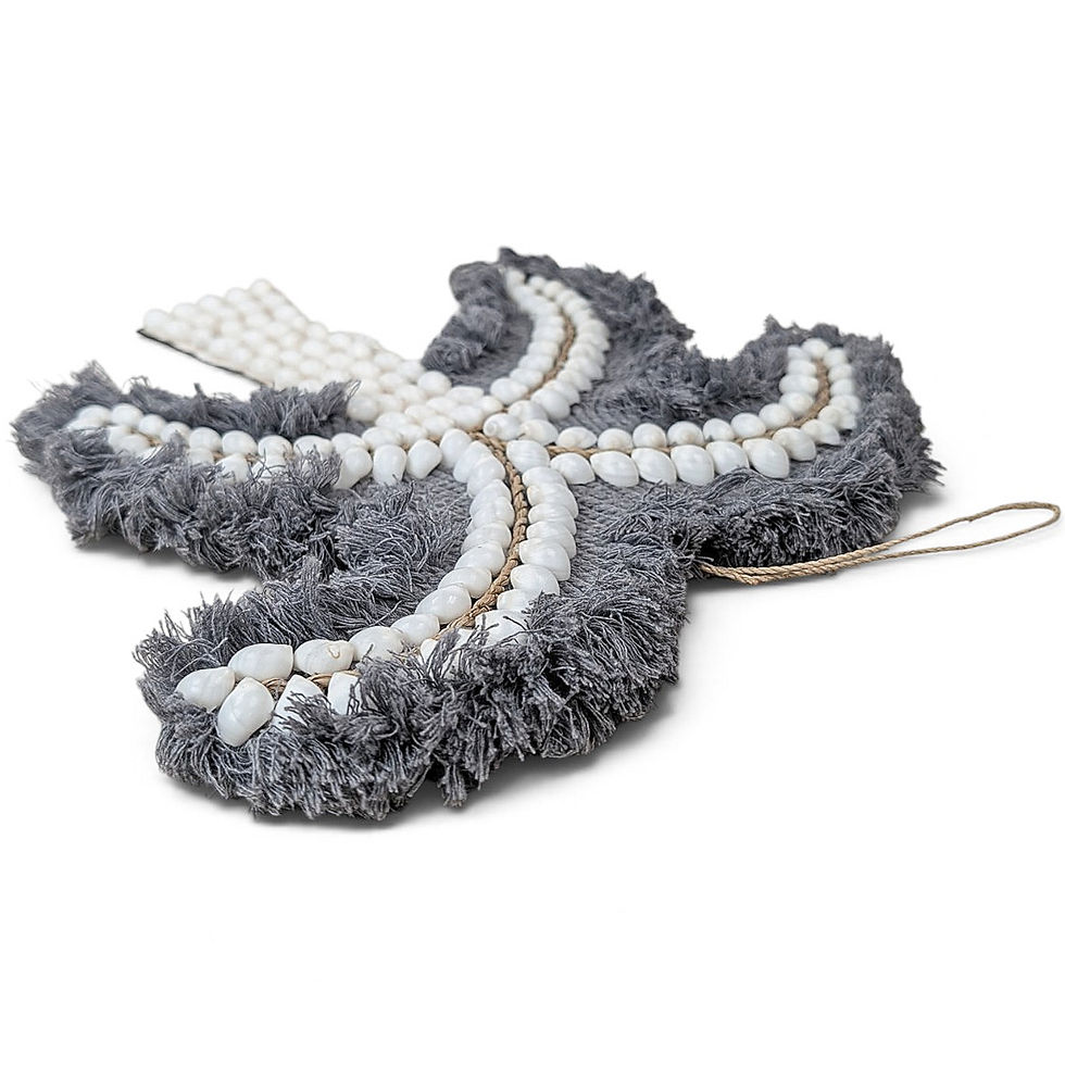 Thumbnail: Coastal gray palm art with pale shells and textured fringe