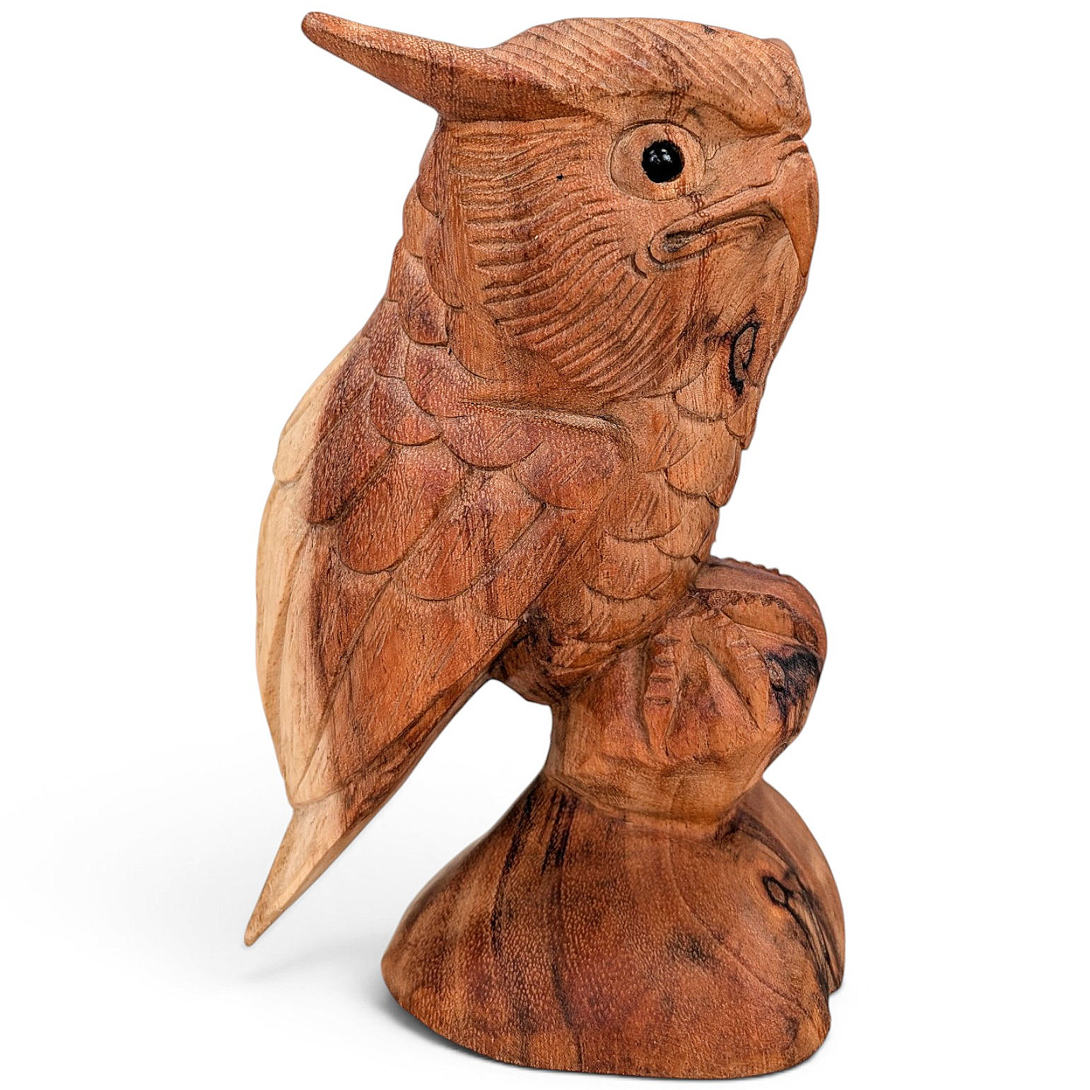 Hand-carved teak owl figurine perched on a sculpted rounded base