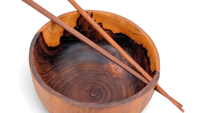 Handcrafted Artisan Udon Bowl | Carved Wood Udon Bowl | Udon Bowl With Chopstick