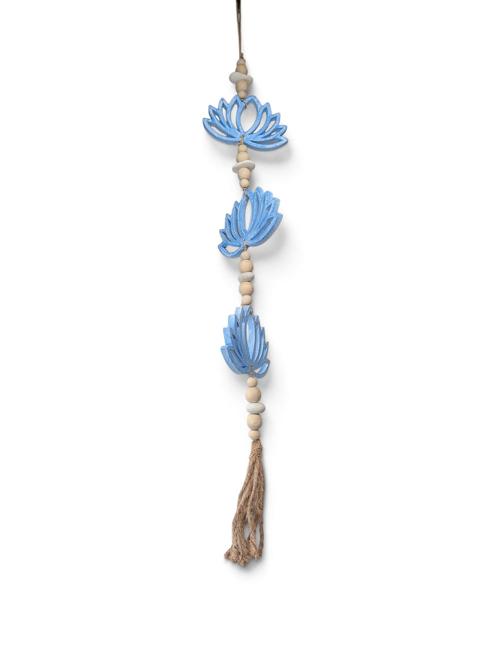 Handmade blue lotus hanging finished with a woven fiber tassel