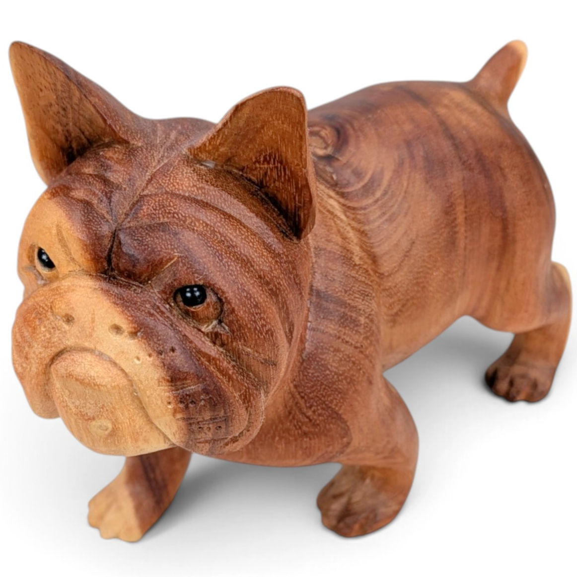 Teak French Bulldog sculpture with tall bat-like ears and glossy dark eyes
