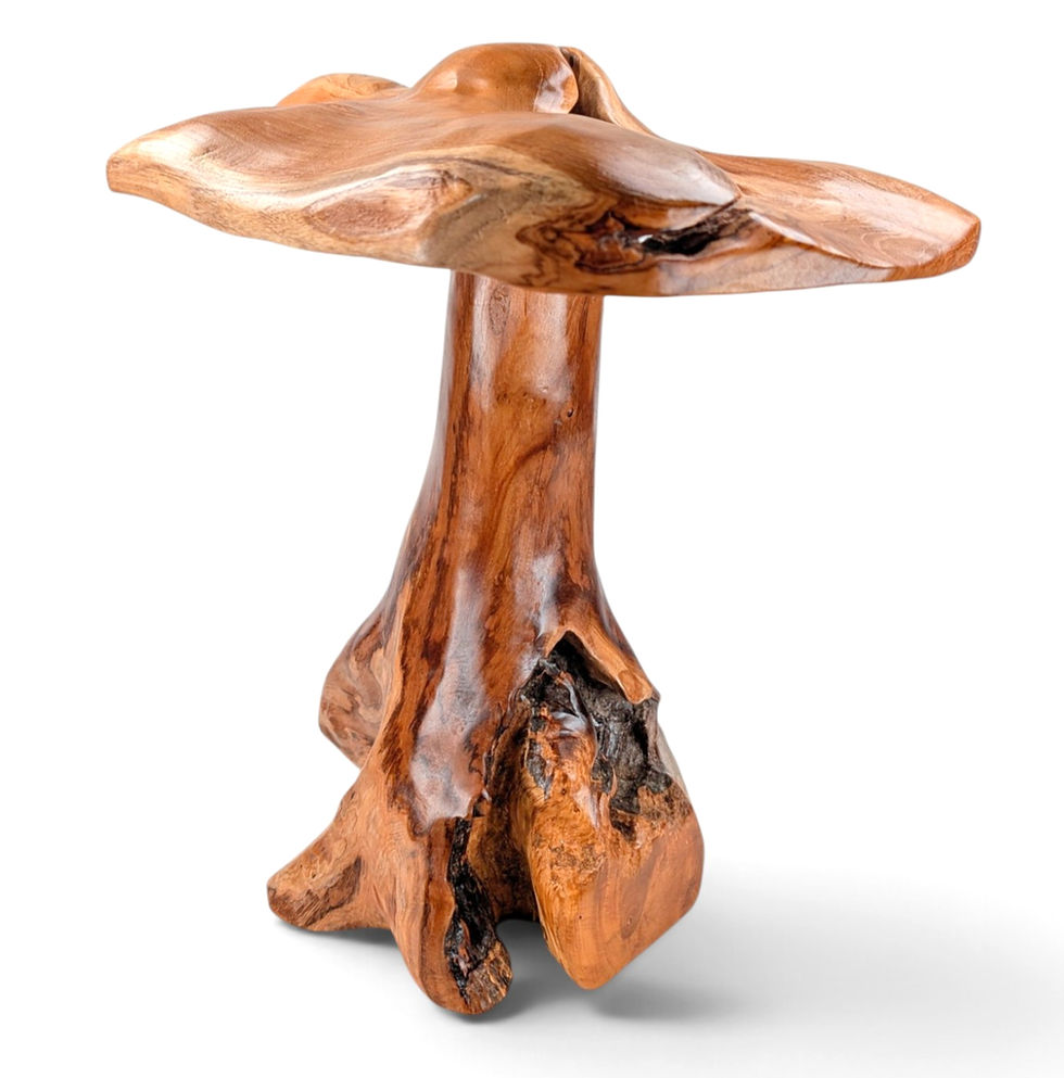 Thumbnail: Large hand-carved teak wood mushroom sculpture.