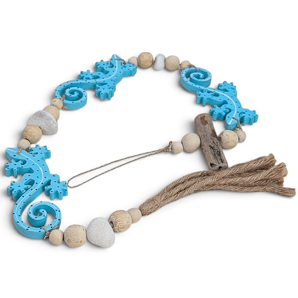Beaded gecko garland featuring assorted rounded wooden beads