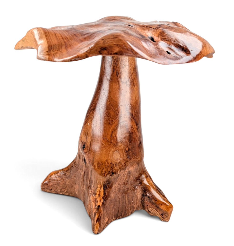 Thumbnail: Large carved teak mushroom standing upright.