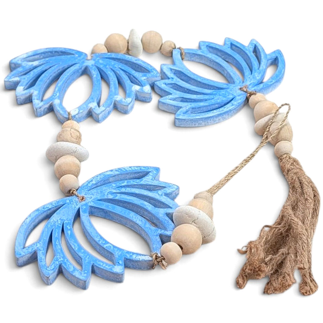 Wooden blue lotus garland with three carved flowers