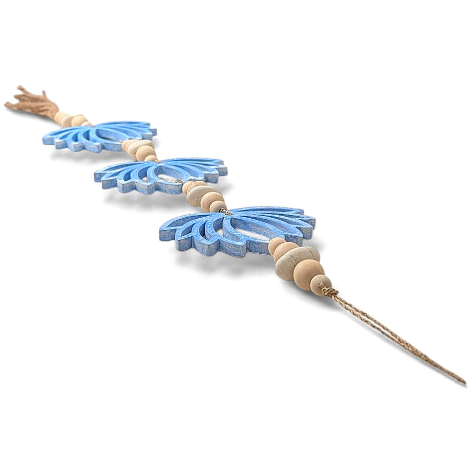 Thumbnail: Rustic beaded string decoration with carved blue lotus shapes arranged in horizontal tiers.
