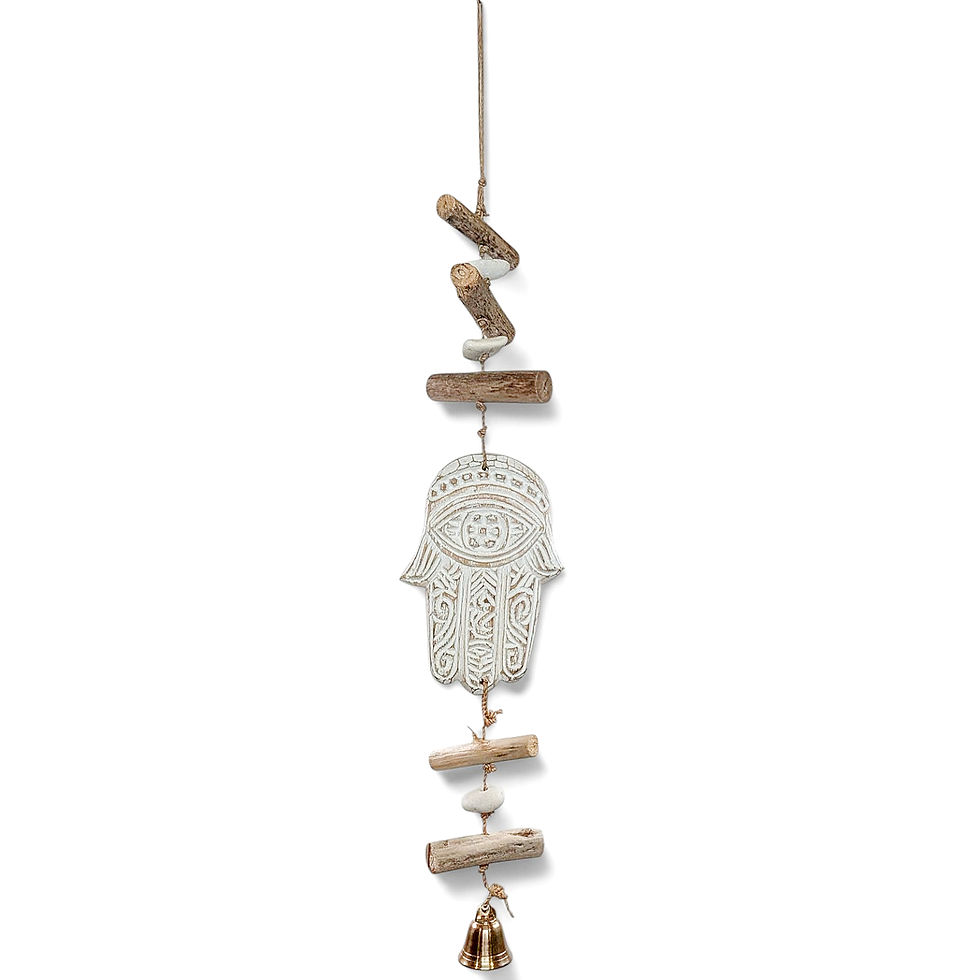 Thumbnail: White Hamsa wall art with decorative bell and natural stone accents