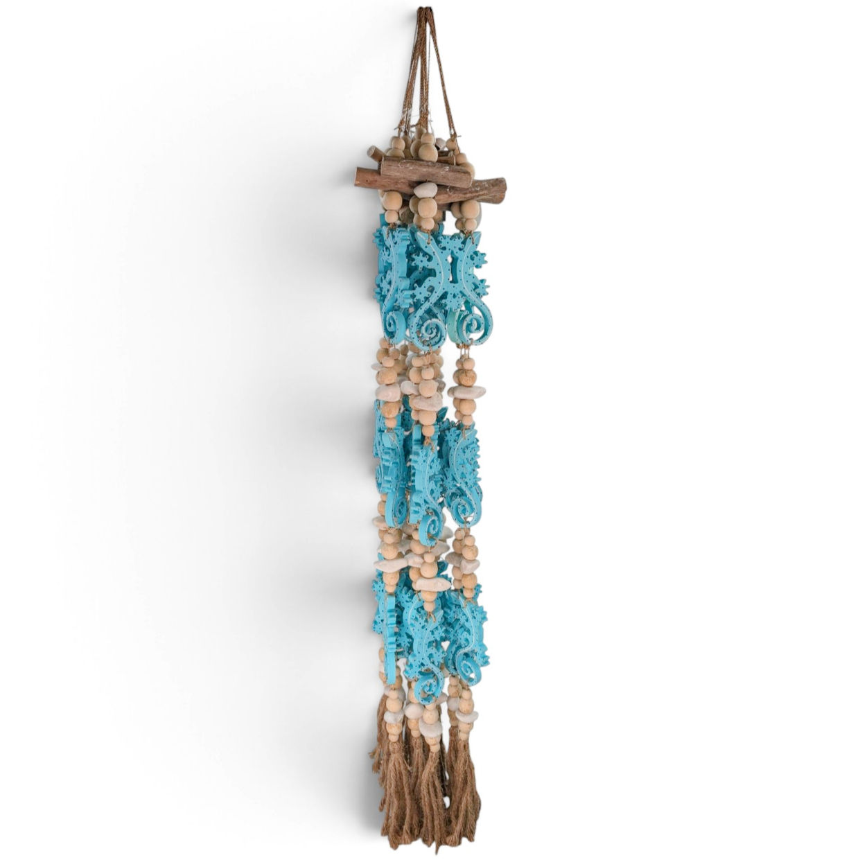 Blue gecko wall garland with wood beads, stone beads, and driftwood