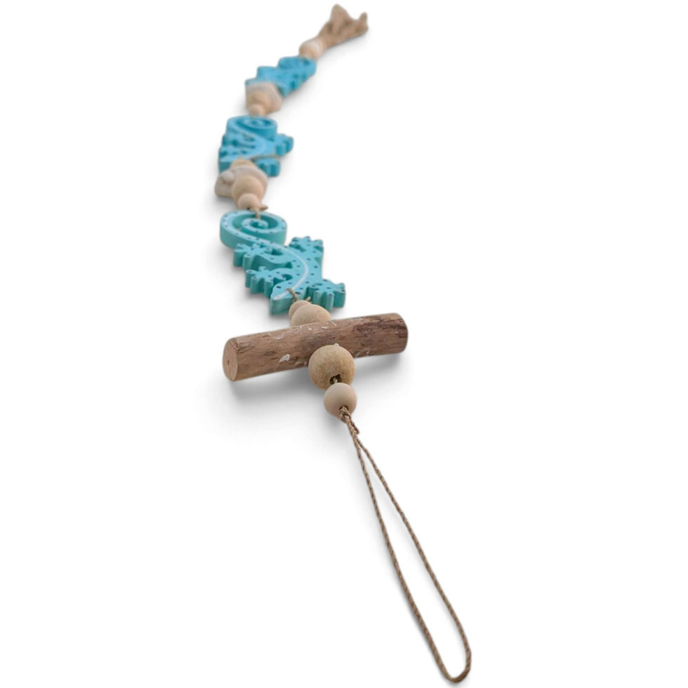 Thumbnail: Turquoise blue gecko wall art with natural wood bead details