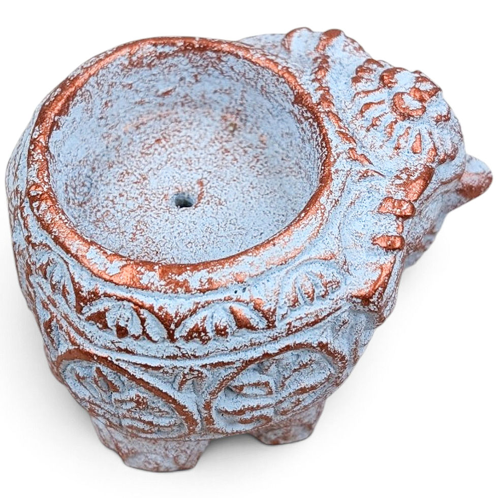 Thumbnail: Ancient style carved rock elephant incense holder catching falling ash on a tabletop.