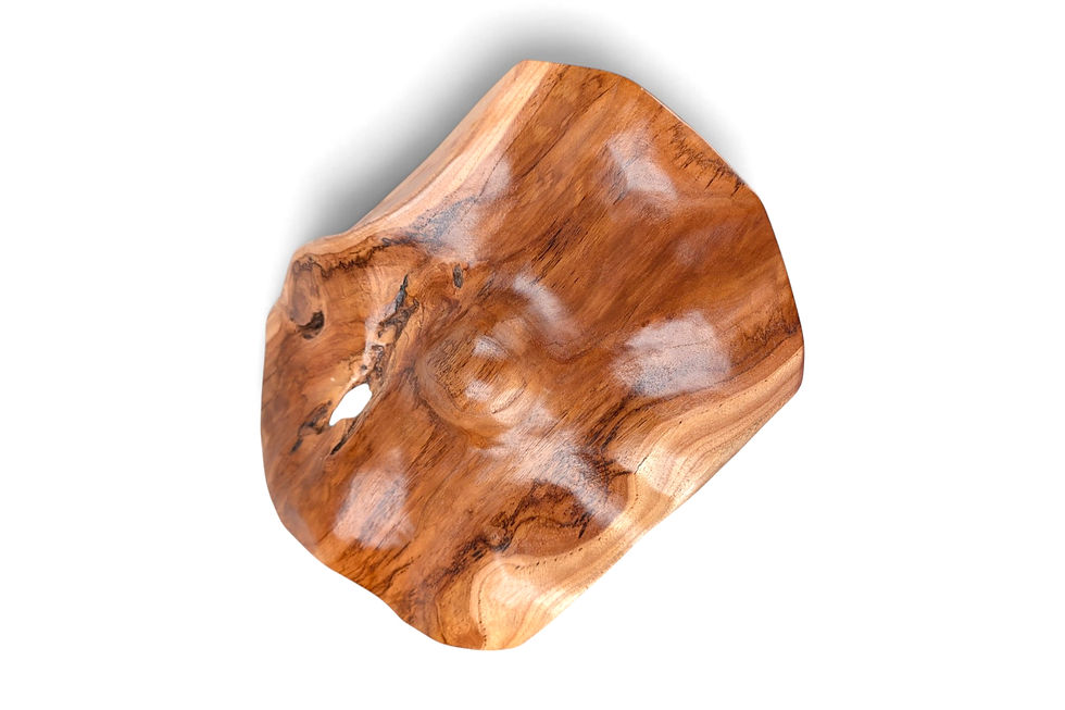 Thumbnail: A large, smooth-capped mushroom sculpture hand-carved from solid golden-brown teak wood