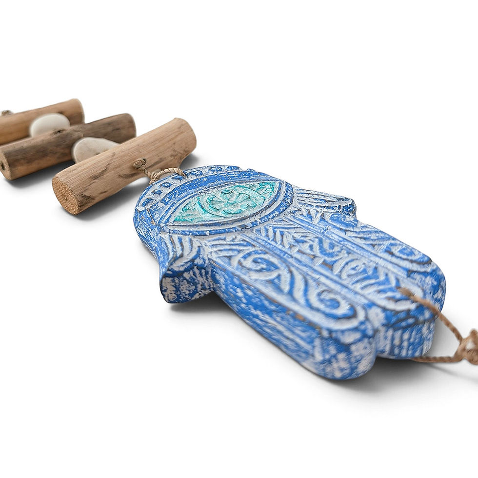 Thumbnail: Distressed blue Hamsa protection charm detailed with tribal style engravings.
