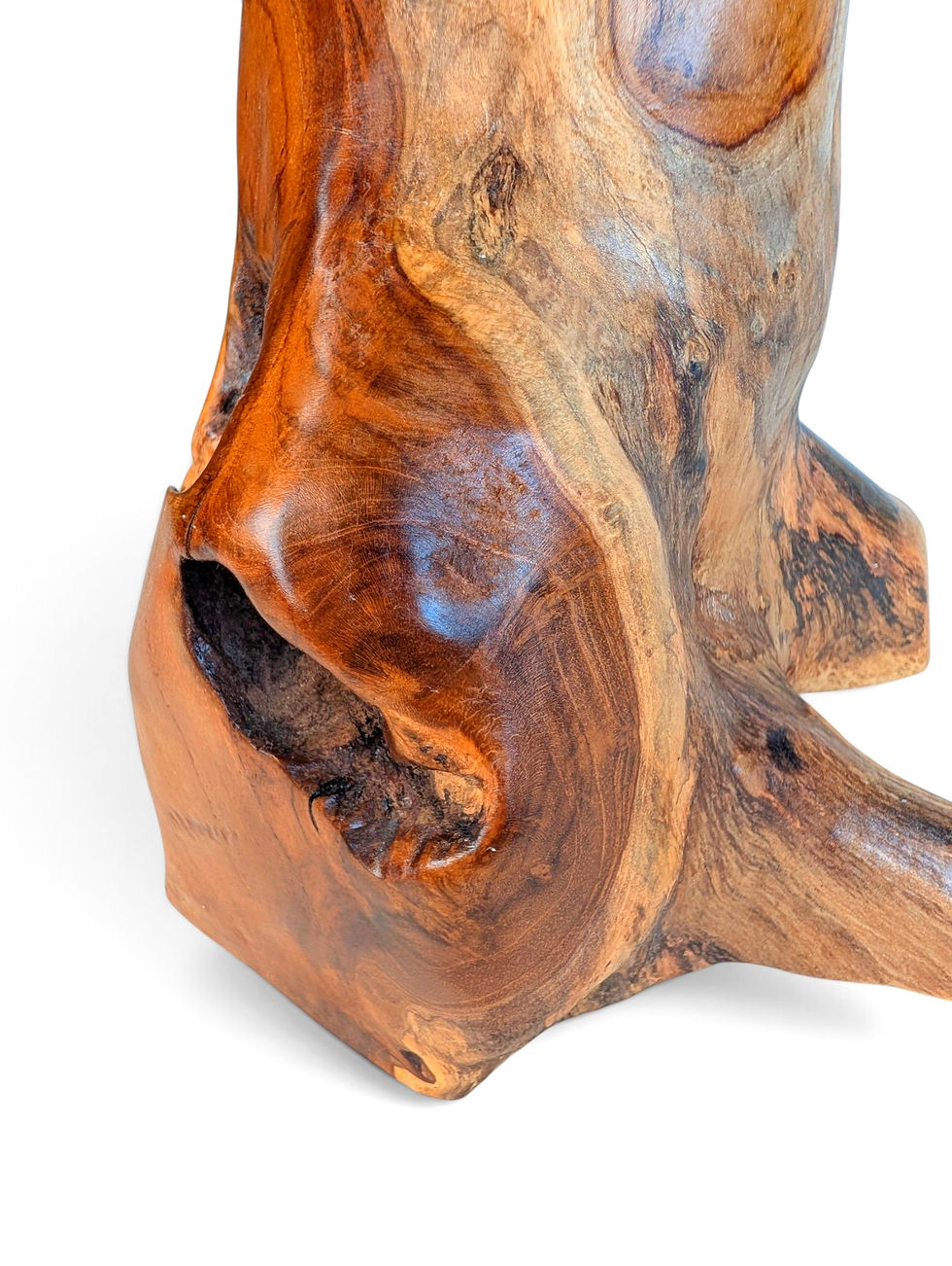Thumbnail: "A cluster of stylized wooden mushroom sculptures in different sizes."