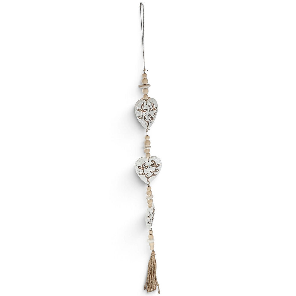 Thumbnail: White beaded heart wall art decoration with natural wood spacer beads.