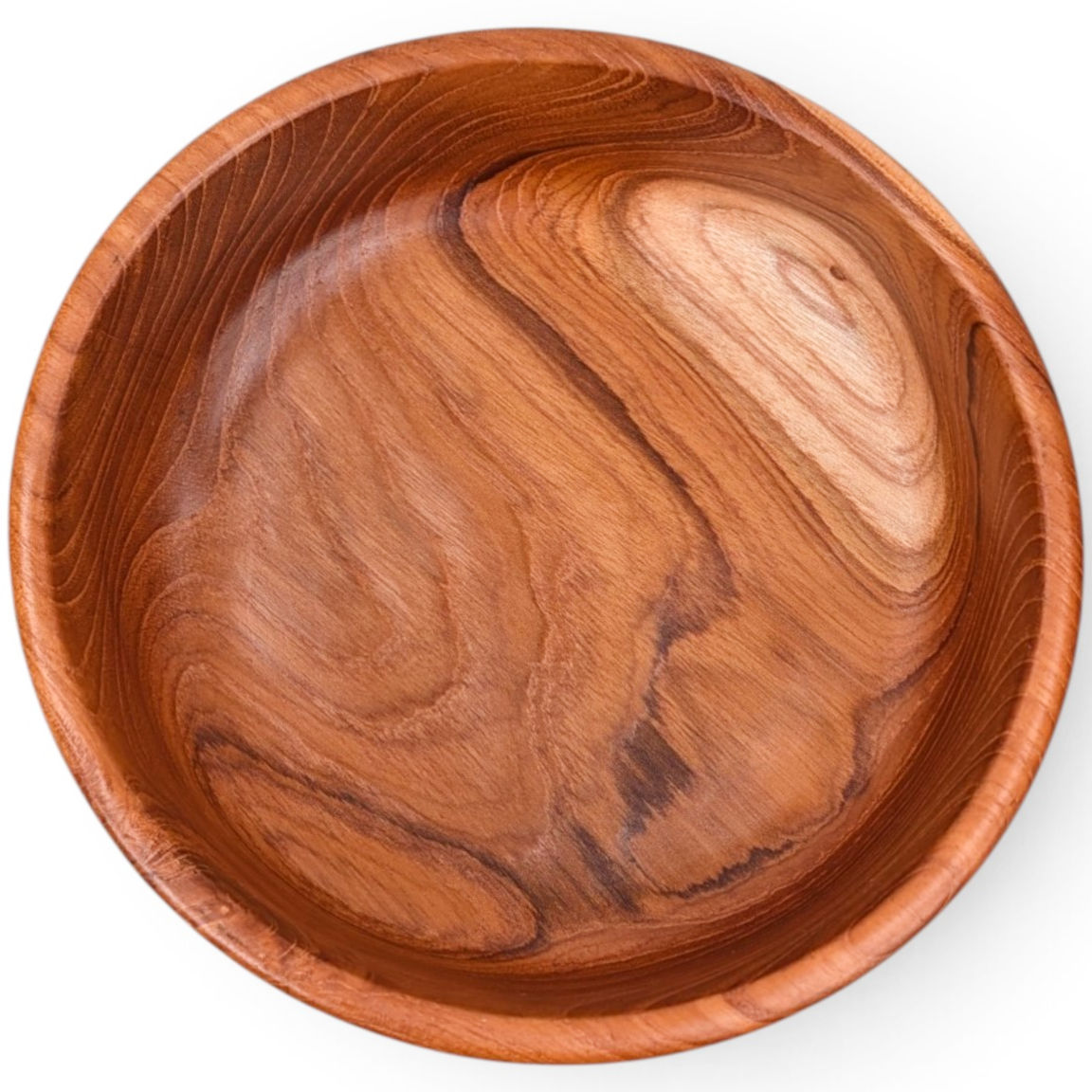 Rolled-rim teak snack bowl with a smooth circular basin