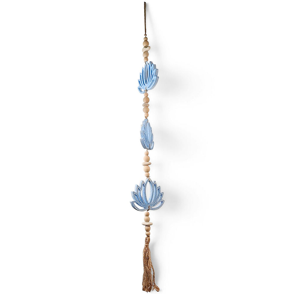 Thumbnail: Zen-style ornament featuring strands of wooden beads, pastel blue lotus blossoms, and raw fiber tassels.