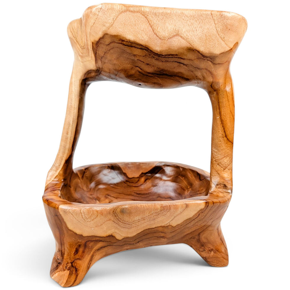 Thumbnail: Sculpted teak storage caddy with short feet beneath its rounded lower bowl.