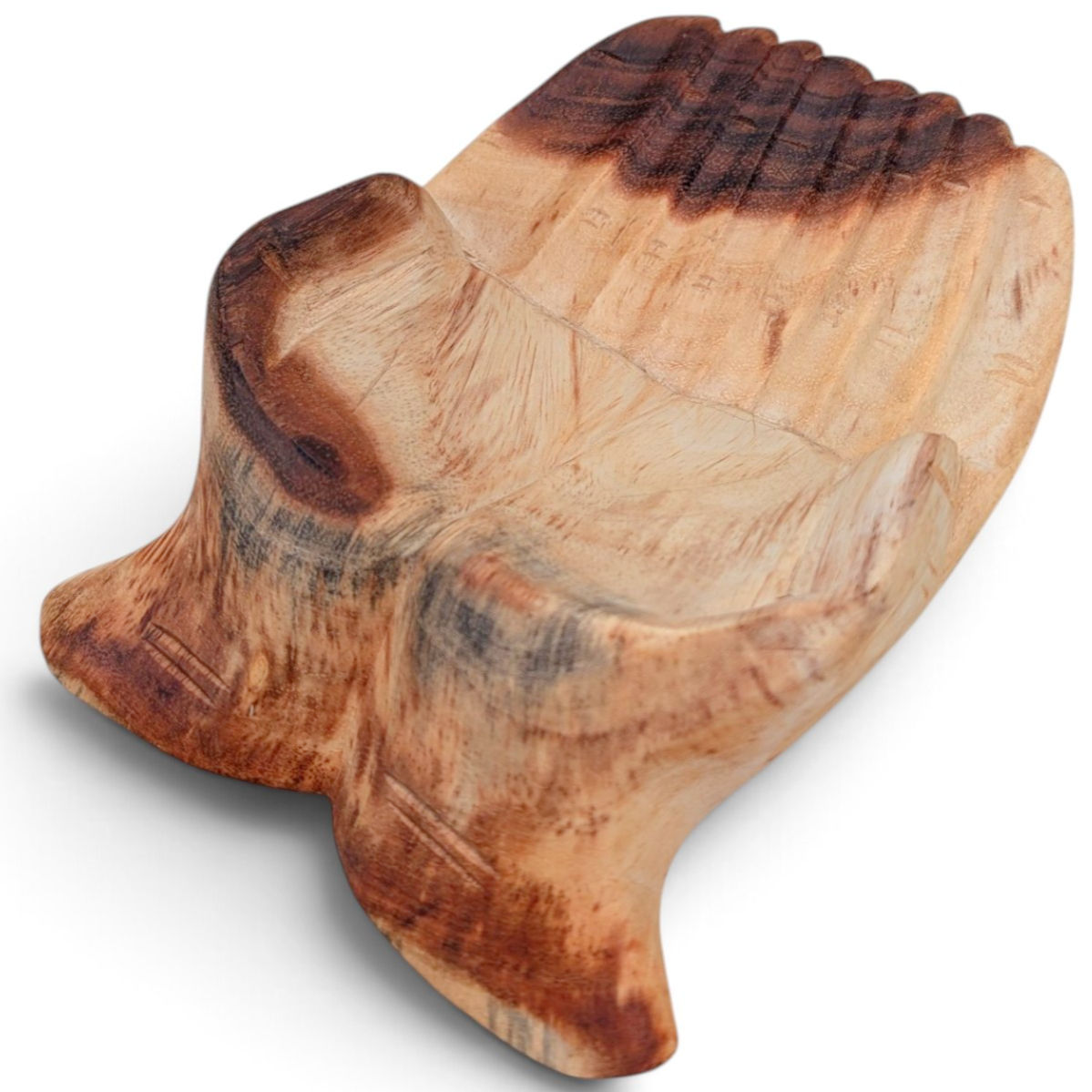 Open-palm teak sculpture hand-carved into two gently cupped hands