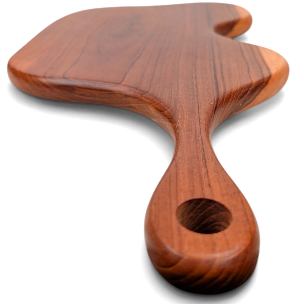 Artisan-crafted teak cutting board with a free-form surface and extended handle