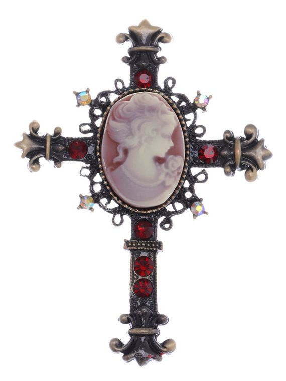 Vintage Victorian Cameo Lady Cross Brooch Pin