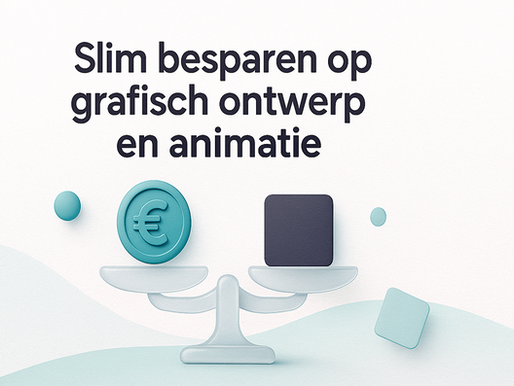 Minimalistische illustratie met de titel ‘Slim besparen op grafisch ontwerp en animatie’, toont een liquid-glass weegschaal met turquoise euro-symbool en donkergrijs blok in balans op lichtgrijze papierstructuur.