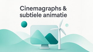 Geometrisch landschap met windmolen en turquoise accenten dat subtiele achtergrondanimatie en cinemagraphs uitbeeldt.