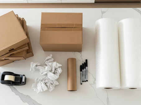 DIY Packing supplies and moving boxes arranged on a kitchen counter in a Scottsdale home