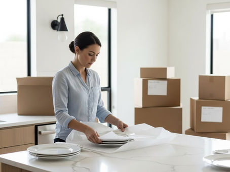 Professional packer carefully wrapping china in a modern Scottsdale kitchen during a residential move