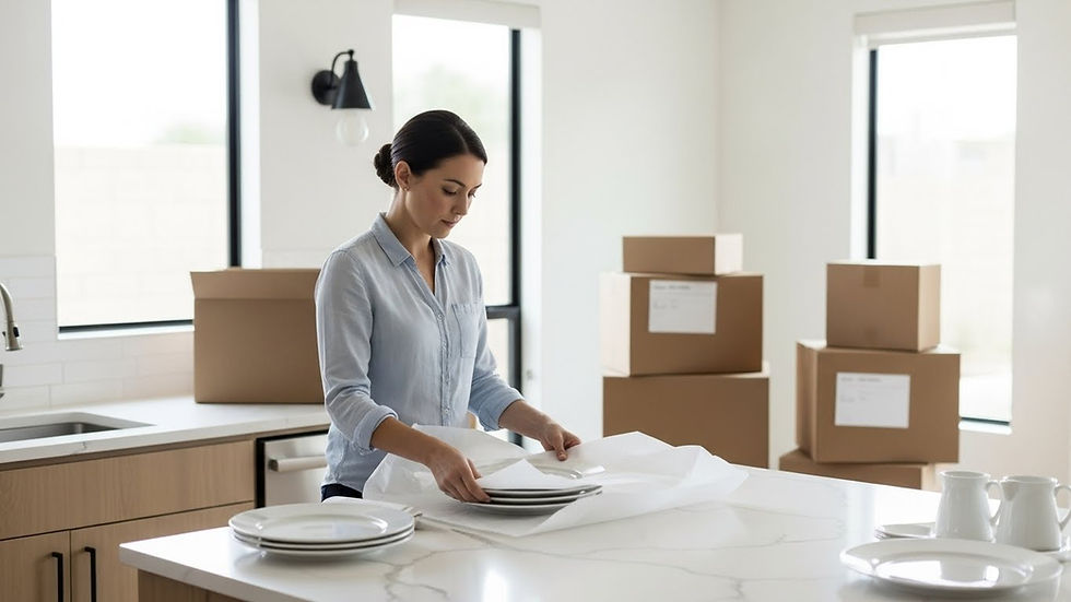 Professional packer carefully wrapping china in a modern Scottsdale kitchen during a residential move