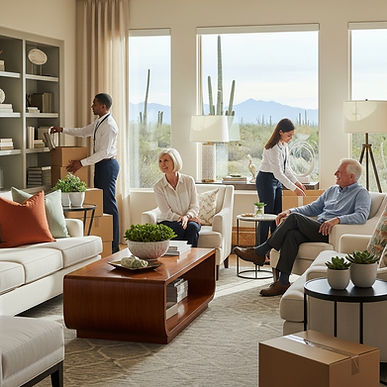 Senior move management team setting up a new Scottsdale home with care and precision