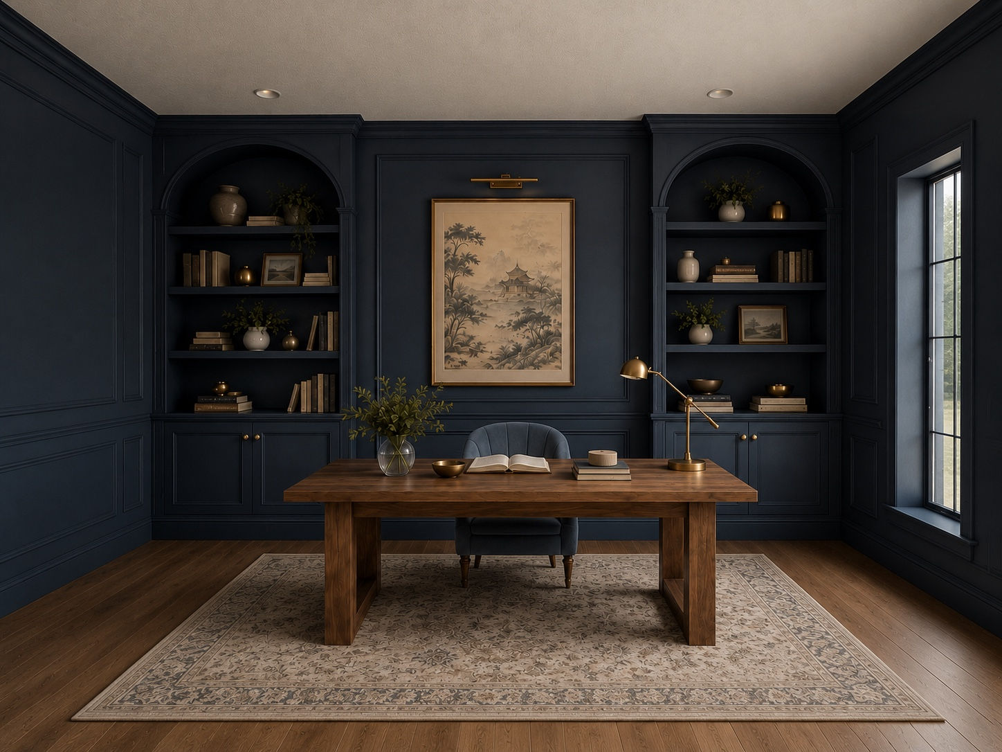 Custom Arched Office Built-Ins – Smoky Navy