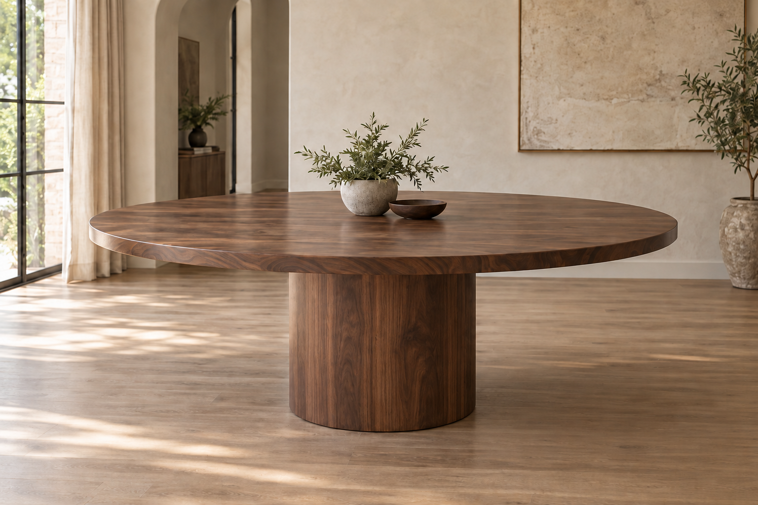 Clear Walnut Round Dining Table with Smooth Cylinder Base