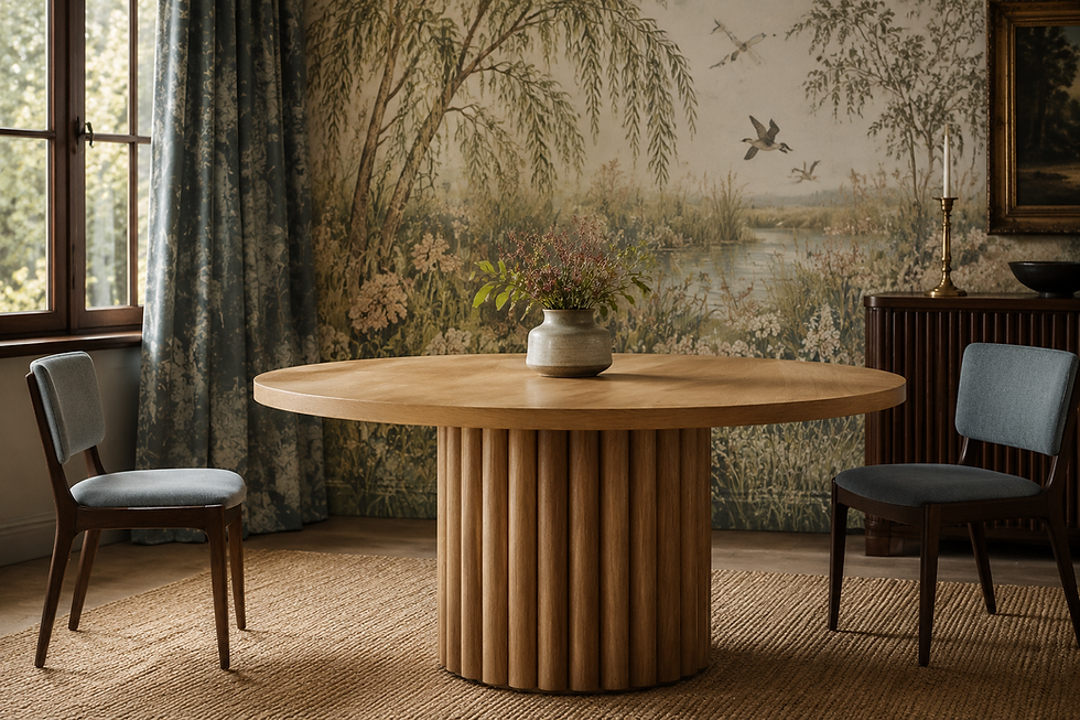 Warm rift-sawn white oak round dining table with a fluted pedestal in a richly patterned botanical dining room