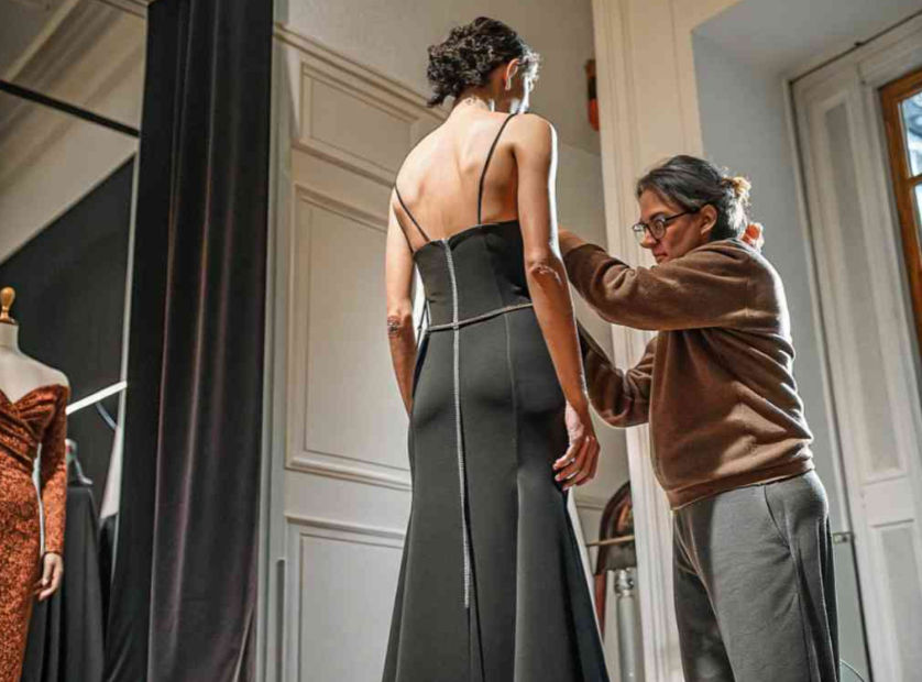 A designer adjusts a black dress on a model in a fitting room. Another dress is visible. The setting is elegant with subtle lighting.