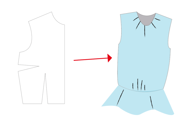 front bodice with arrow pointing to sewn garment