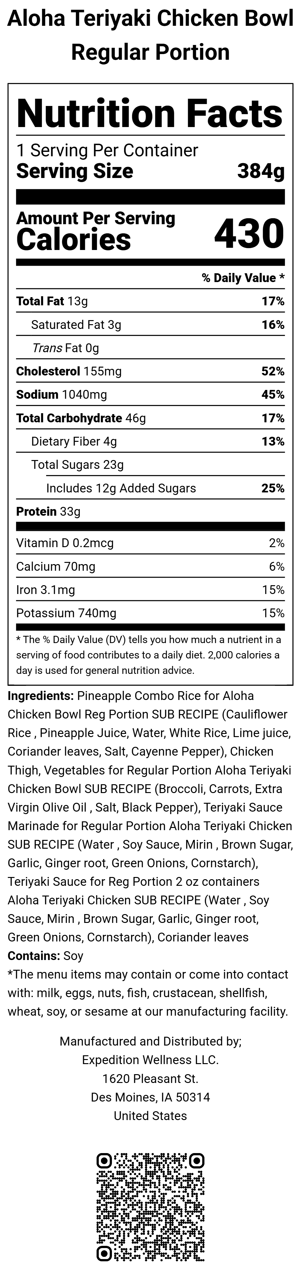 Thumbnail: Aloha Teriyaki Chicken Bowl Regular Portion