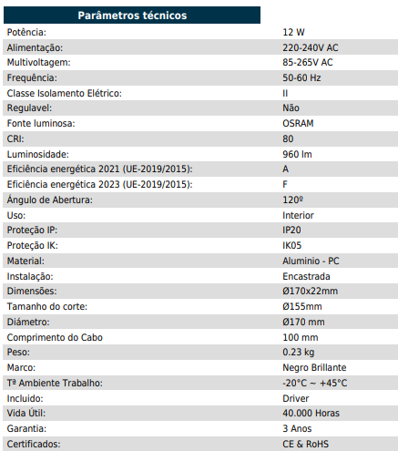 Miniatura: Placa LED Circular Super Slim 12W Black Corte Ø 155mm