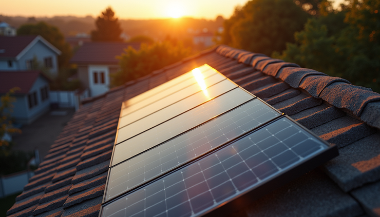 Vista aérea de painéis solares instalados em um telhado residencial captando luz solar