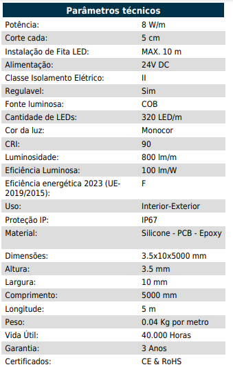 Miniatura: Fita LED COB 24V DC 320 LED/m 5m IP67 CRI90 Largura 8mm