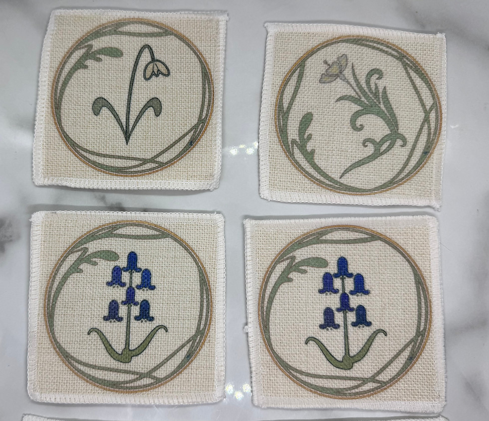 Art Deco Spring Flower linen Coaster Placemats featuring Snow drops, Bluebells and Azalea. All Images © KJW