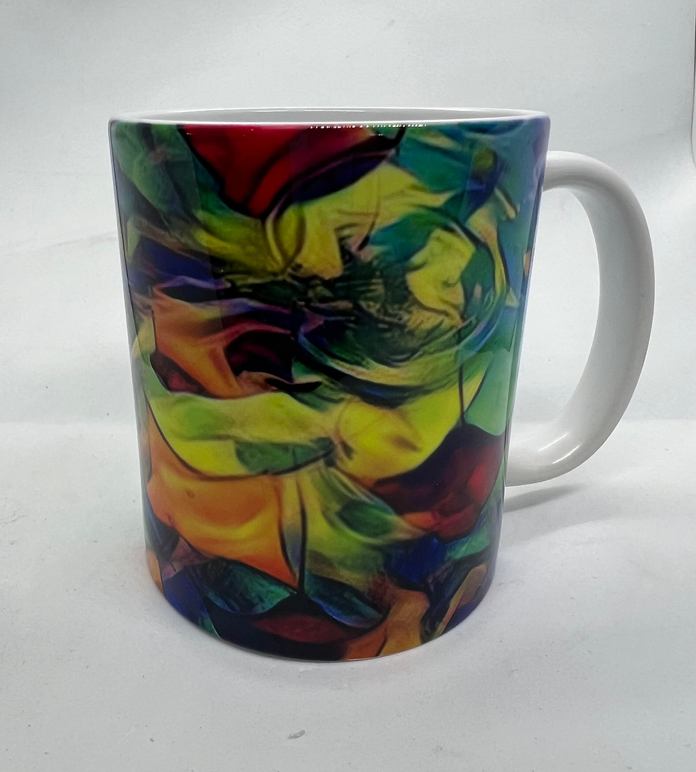 Front view highly colourful sea ray coffee mug. Copyright KJW