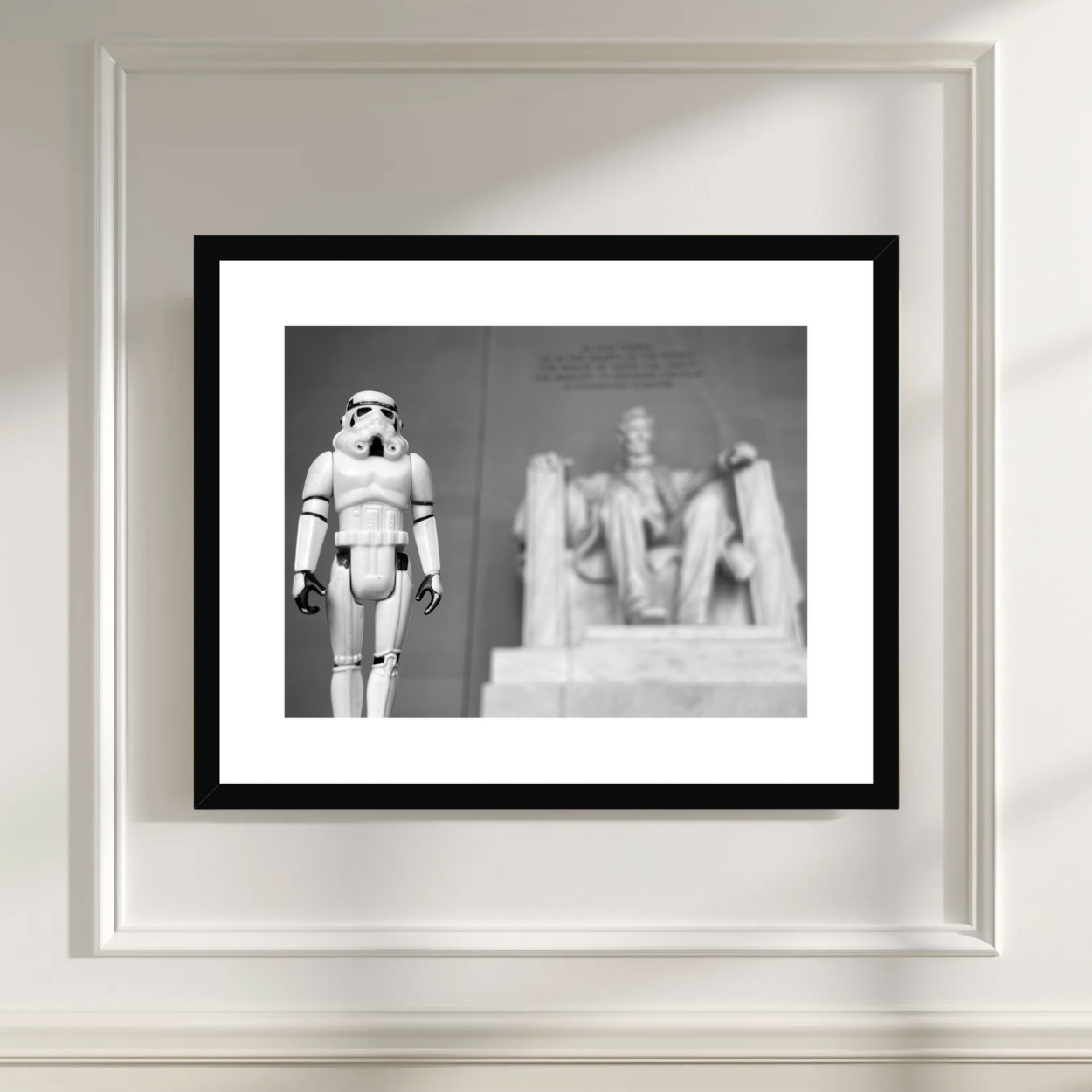 Black and white photo print of Star Wars Stormtrooper at Lincoln Memorial with Abraham Lincoln statue, Washington, DC