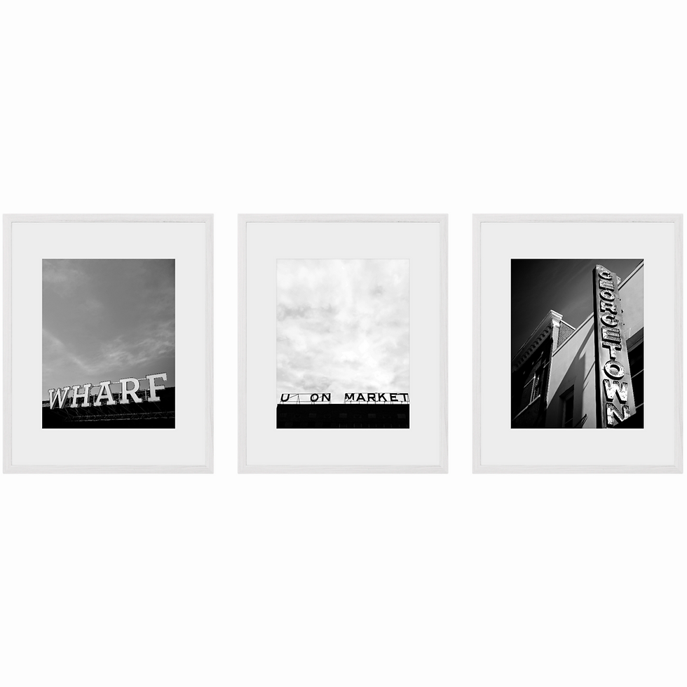 Thumbnail: Set of three black and white photo print of Washington, DC signage Wharf, Union Market, Georgetown