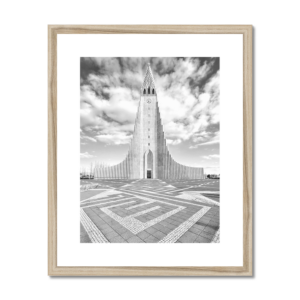 Thumbnail: Dramatic black and white photo print of Hallgrímskirkja Church in Reykjavik, Iceland with clouds