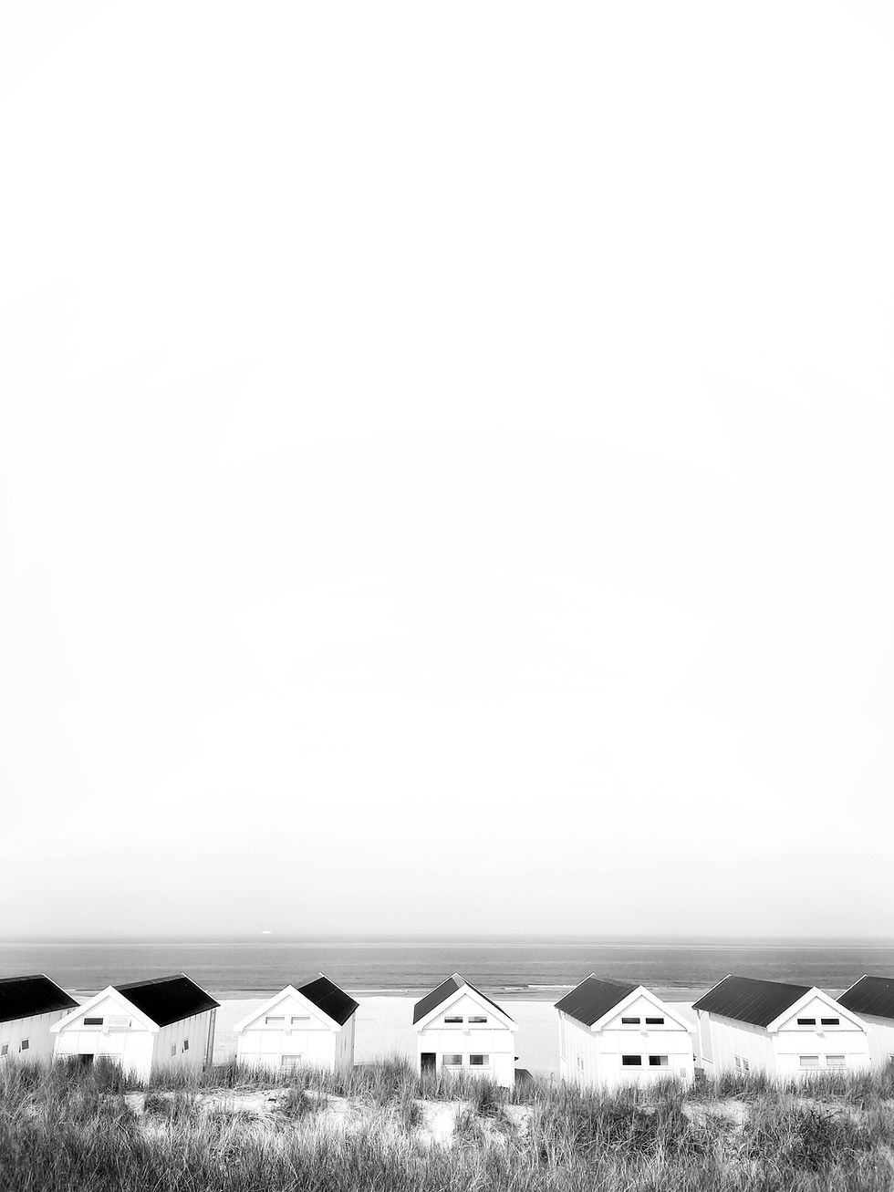 Thumbnail: Black and white coastal  minimalist photo print of beach houses