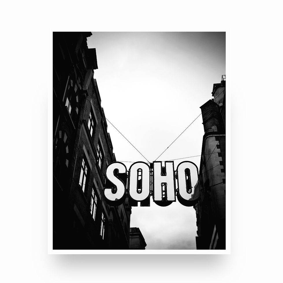 Thumbnail: Black and white photo print of SOHO sign with building in West EndLondon, England UK