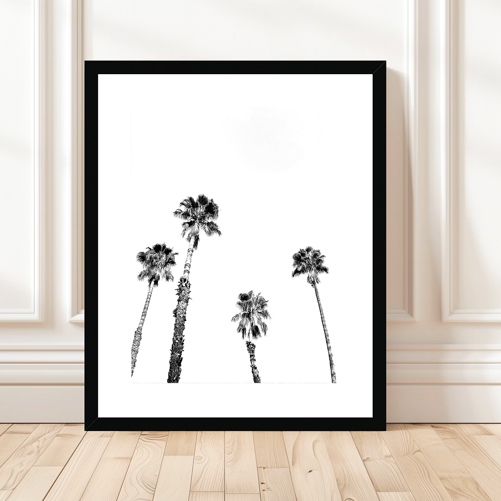 Thumbnail: black and white art print of graphic, swaying silhouettes of four palm trees set against a clean, minimalist horizon