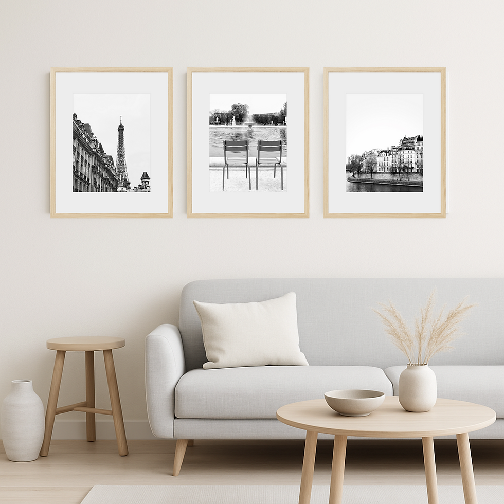 Thumbnail: Set of three black and white photo prints of iconic Paris, France sites to include Eiffel Tower, Louvre & Seine River