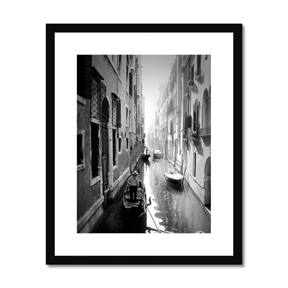 Thumbnail: Atmospheric black and white photo print of gondola on a sunlit canal in Venice, Italy